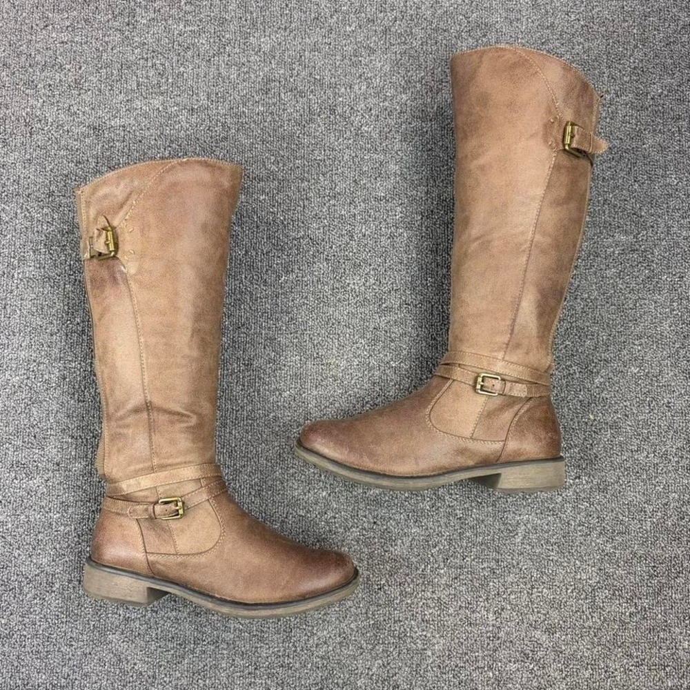 Women's Baretraps Brown Harness Buckle Side Zip Tall Boots Size 7.5 M